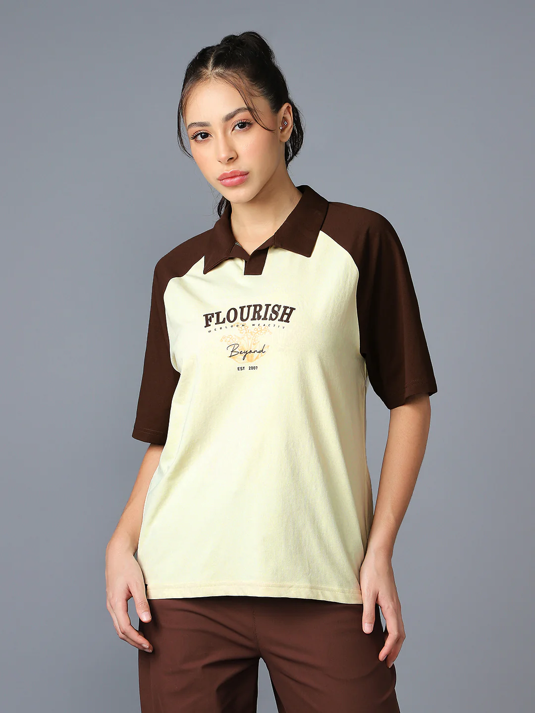 Women Colorblock Oversized Fit Polo T-shirt with COTFLEX