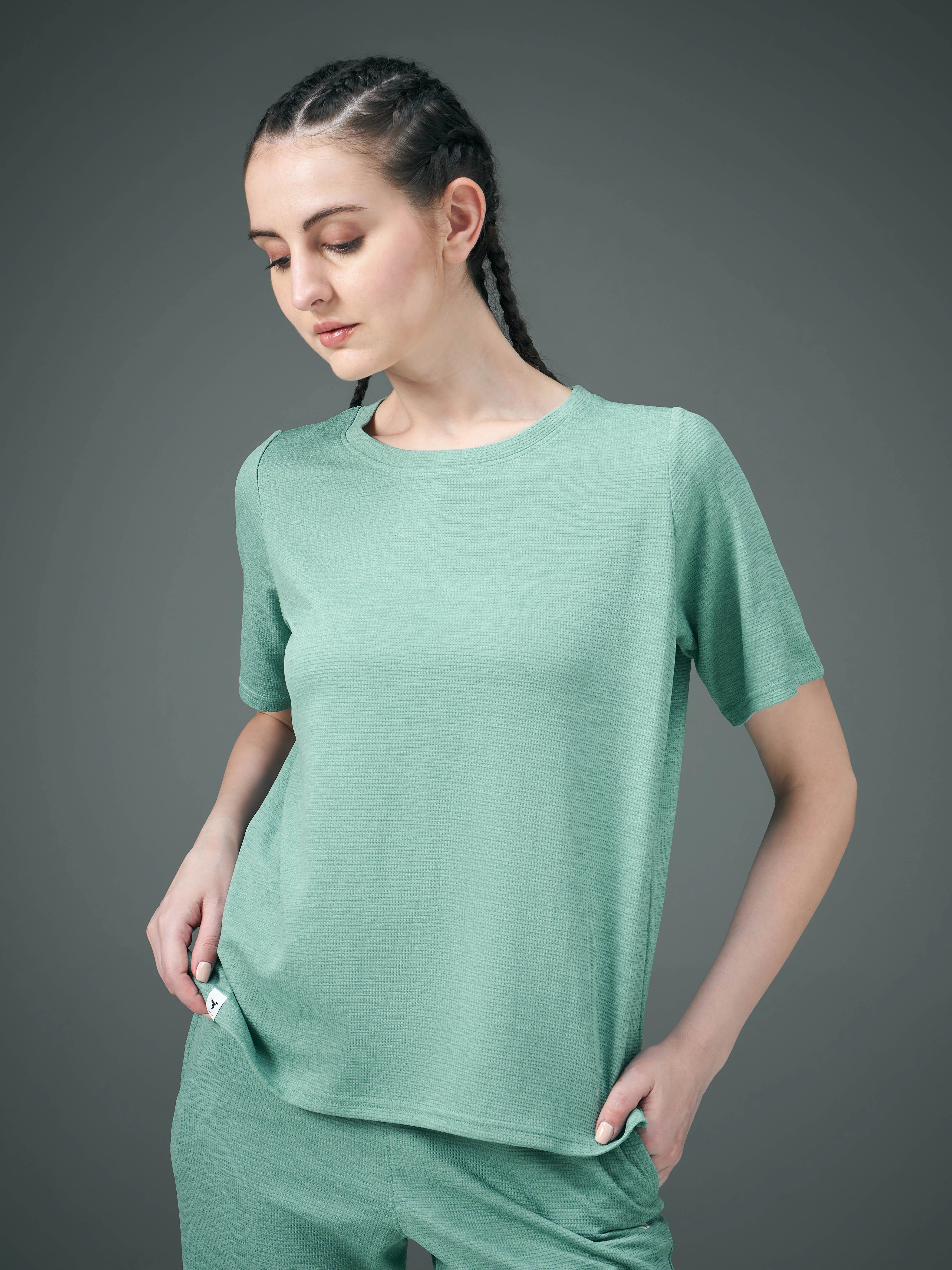Women Cubic Melange Relaxed Fit Round Neck T-shirt with DOUBLE COOL