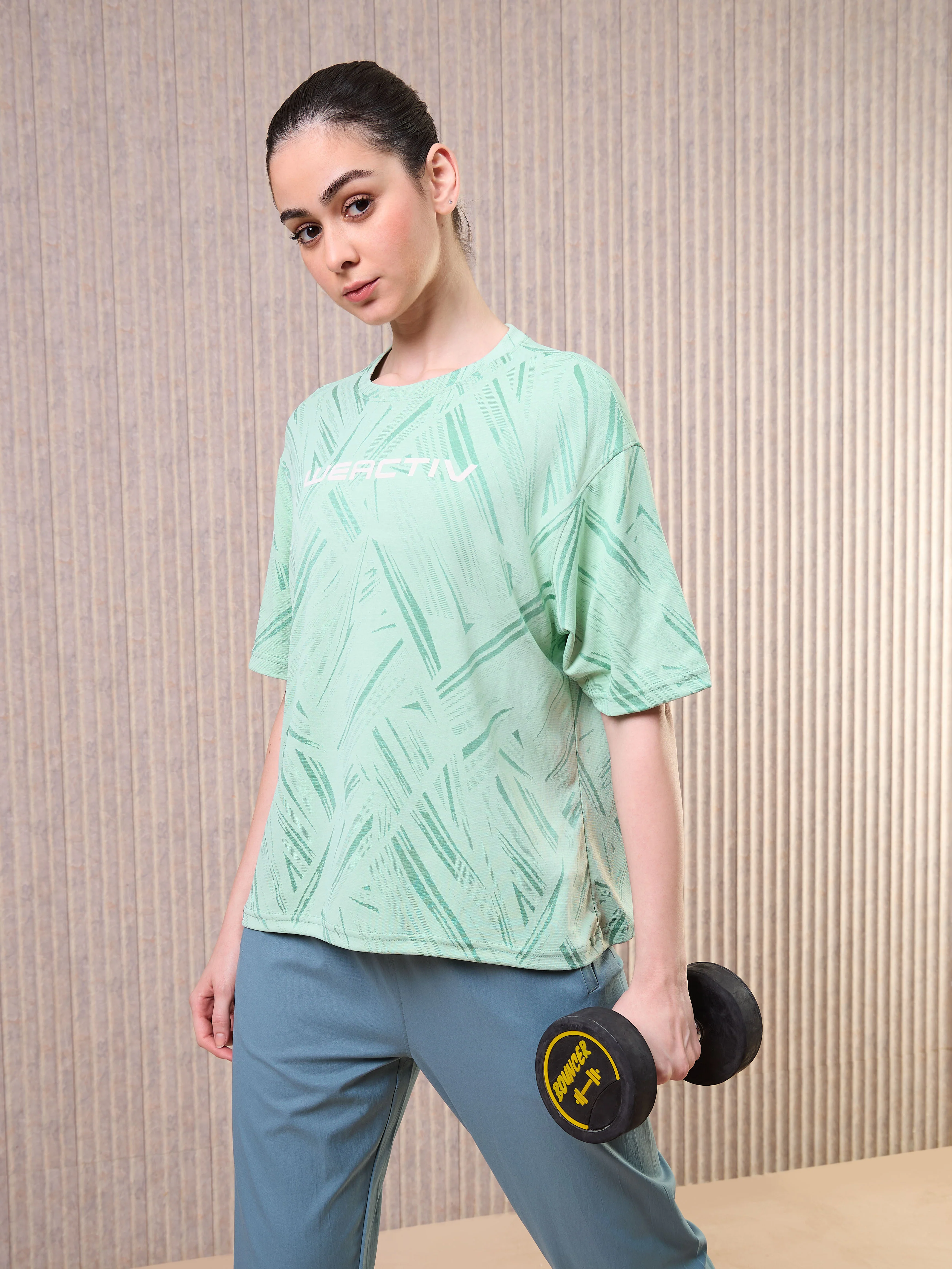 Women Jacquard Boxy Fit Round Neck T-shirt with DOUBLE COOL