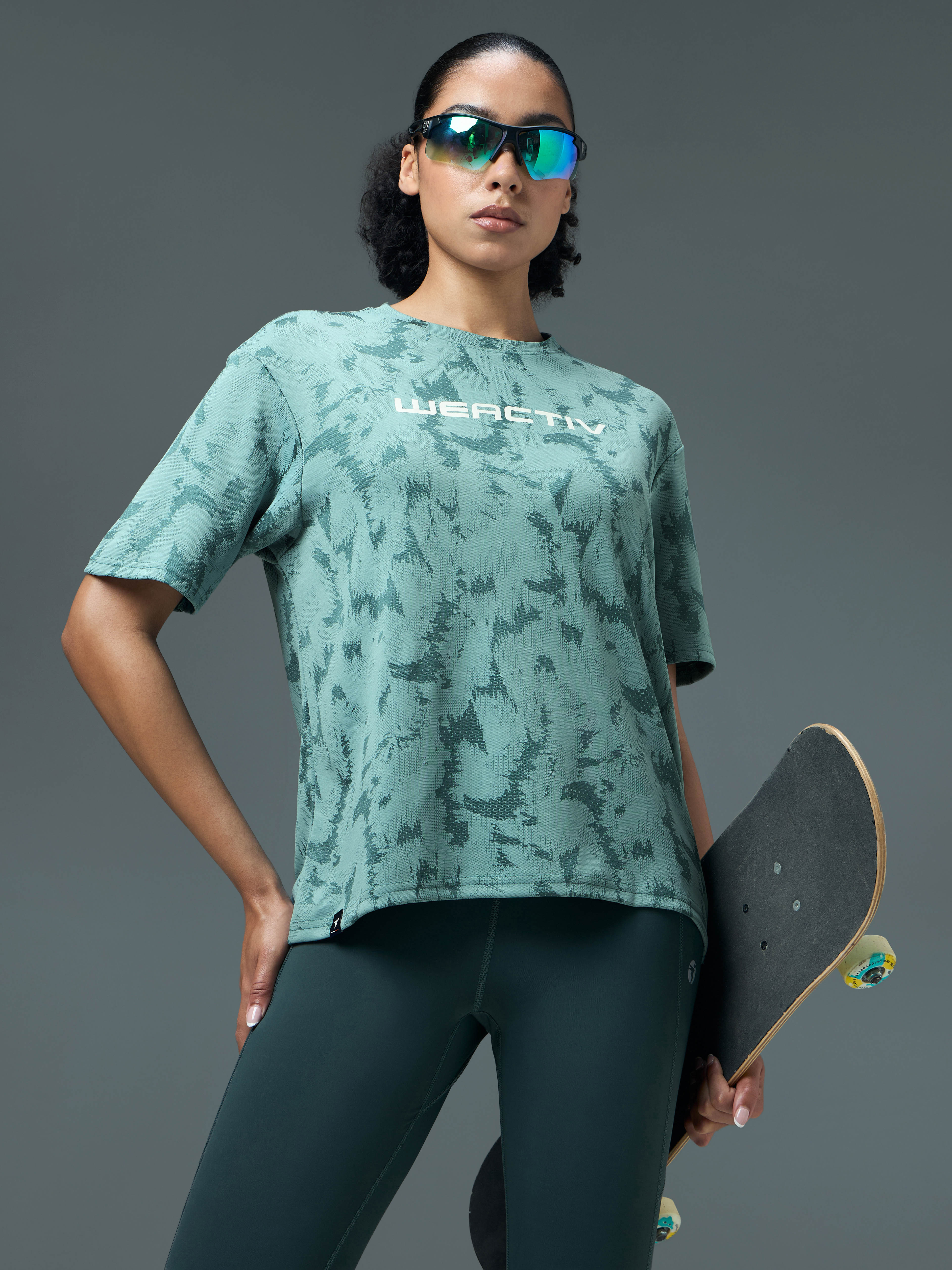 Women Jacquard Boxy Fit Round Neck T-shirt with DOUBLE COOL