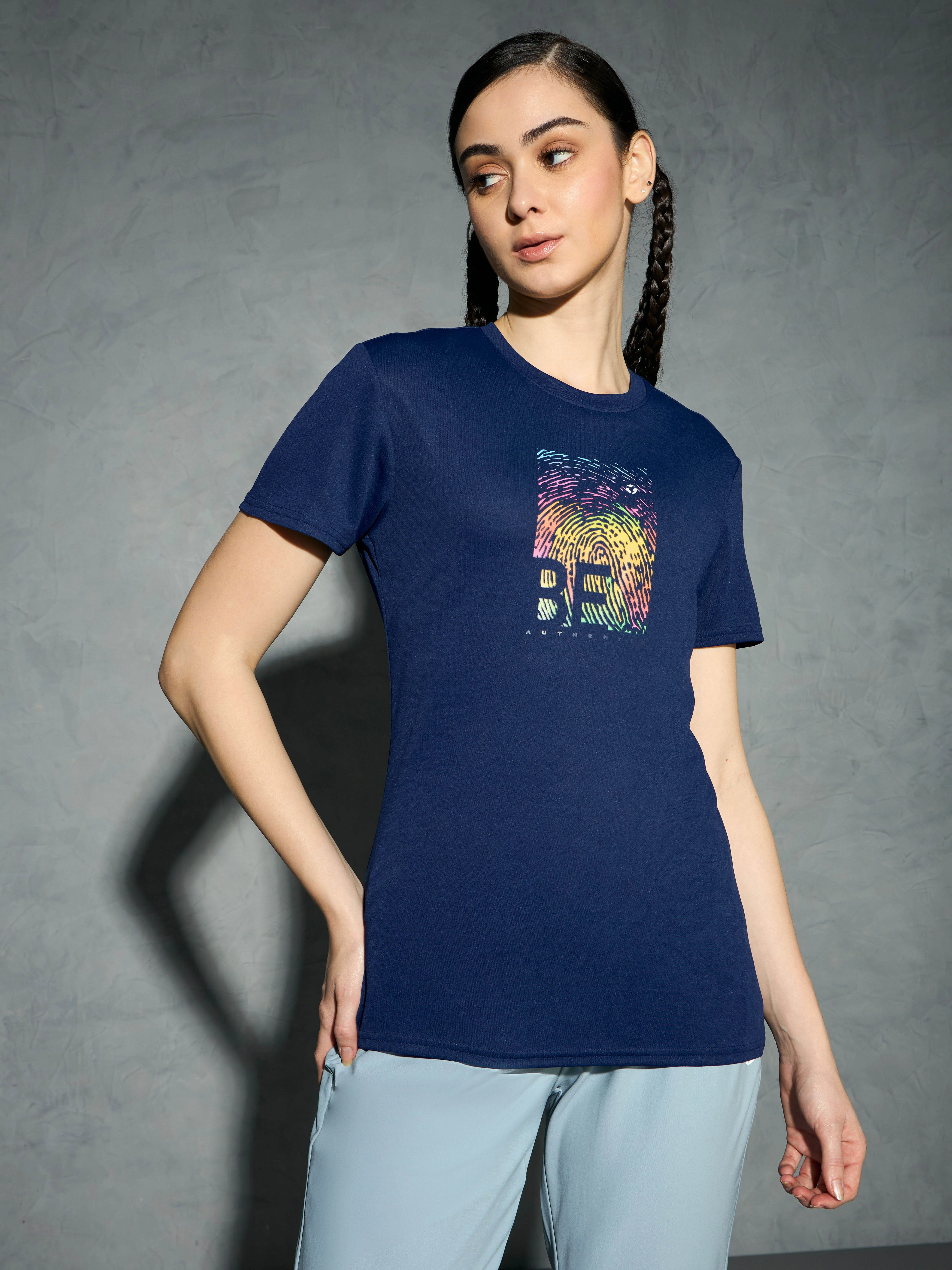 Women Printed Slim Fit Round Neck T-shirt with TECHNOCOOL+
