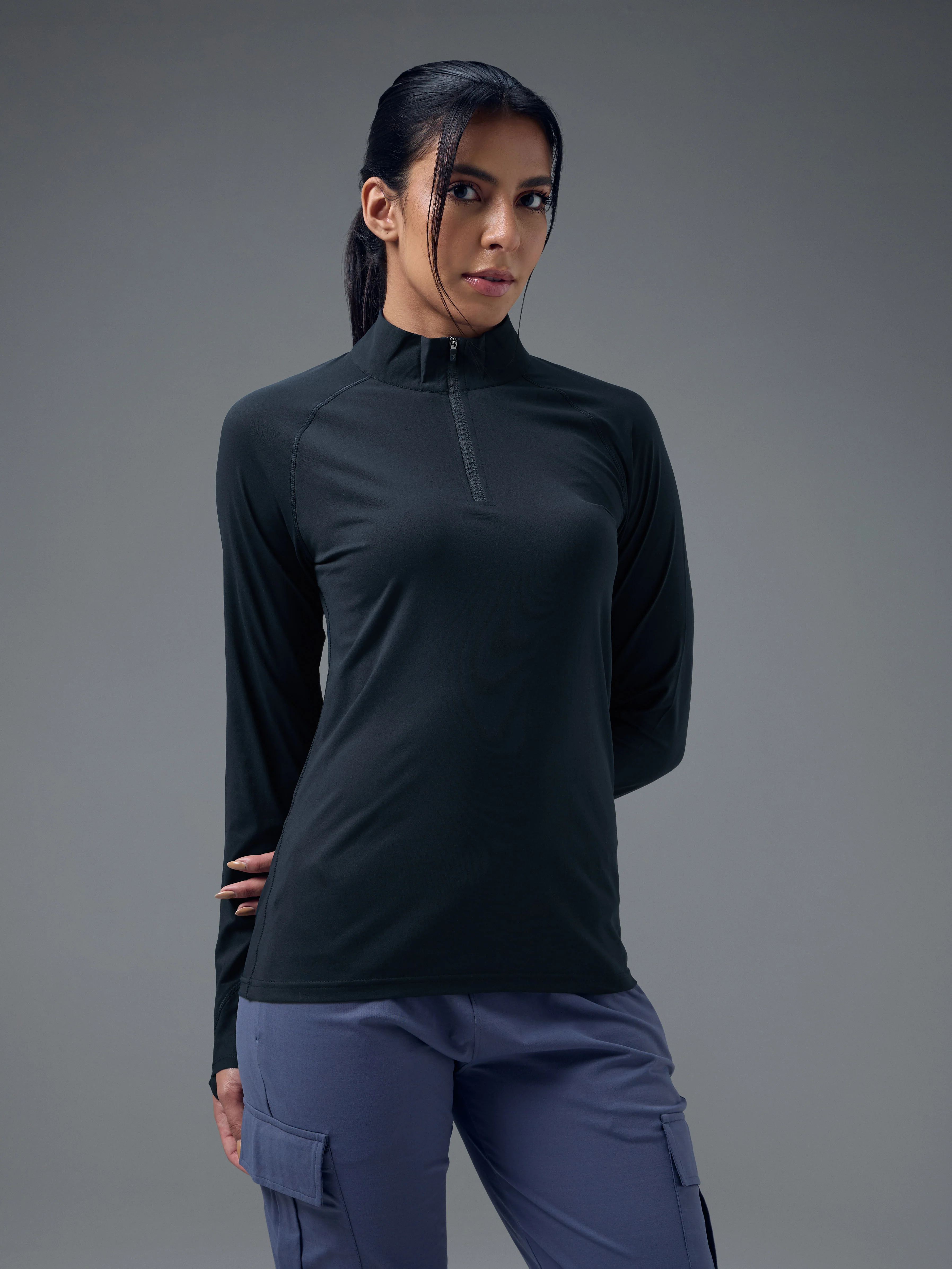 Women Slim Fit Mock Neck Thumbhole Sleeve Solid T-shirt with COTFLEX