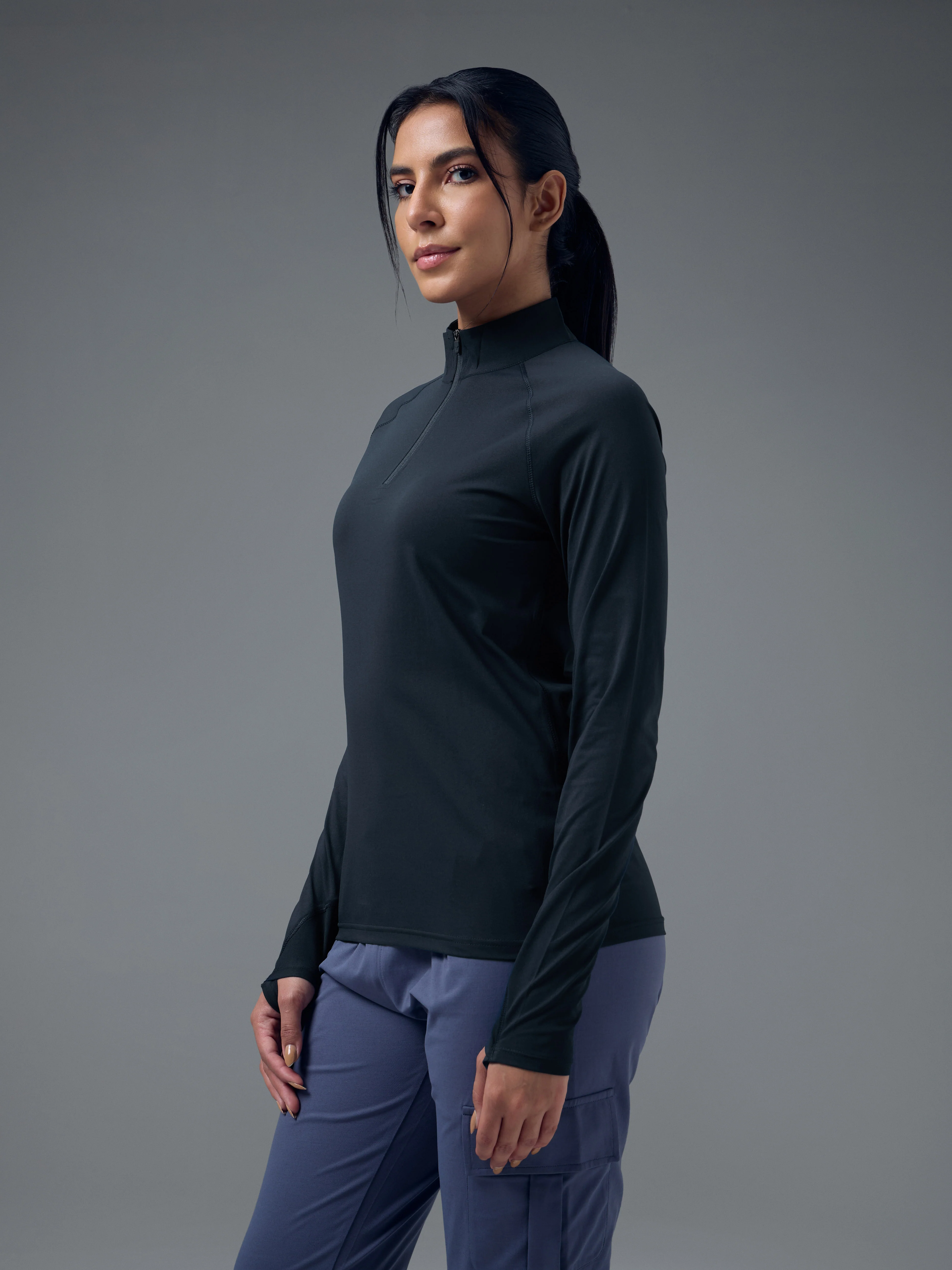 Women Slim Fit Mock Neck Thumbhole Sleeve Solid T-shirt with COTFLEX - Image 3