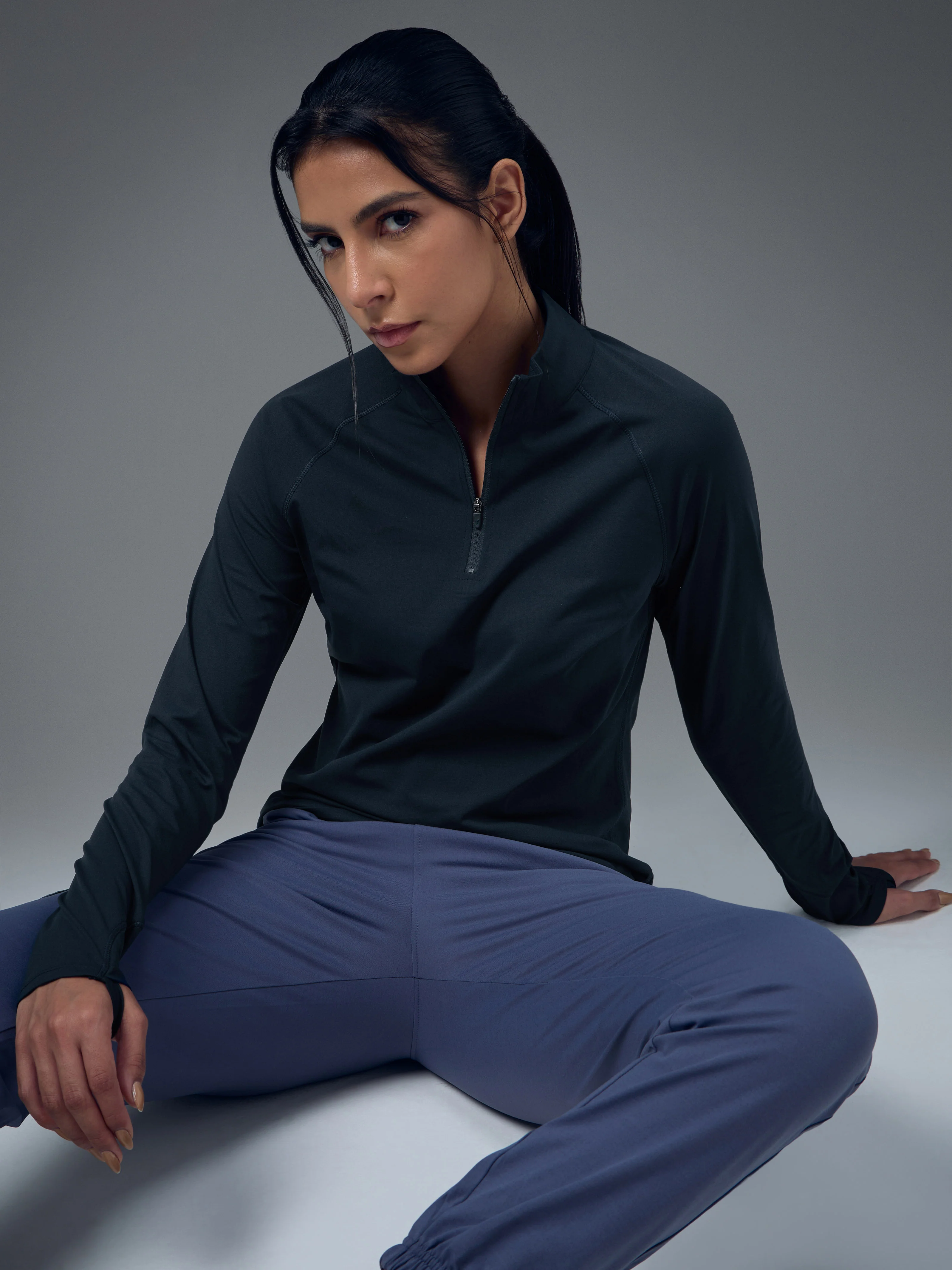Women Slim Fit Mock Neck Thumbhole Sleeve Solid T-shirt with COTFLEX - Image 5