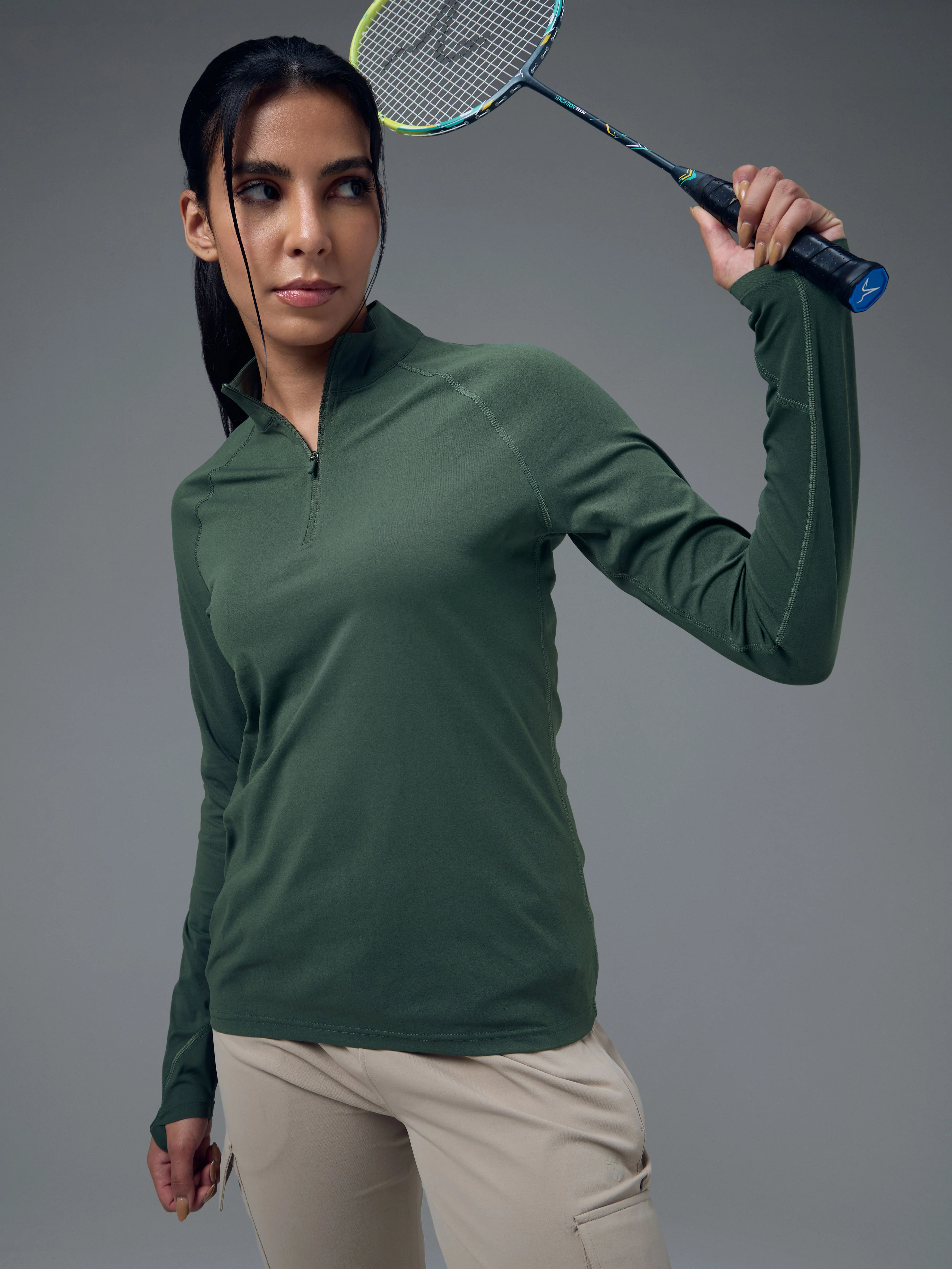 Women Slim Fit Mock Neck Thumbhole Sleeve Solid T-shirt with COTFLEX