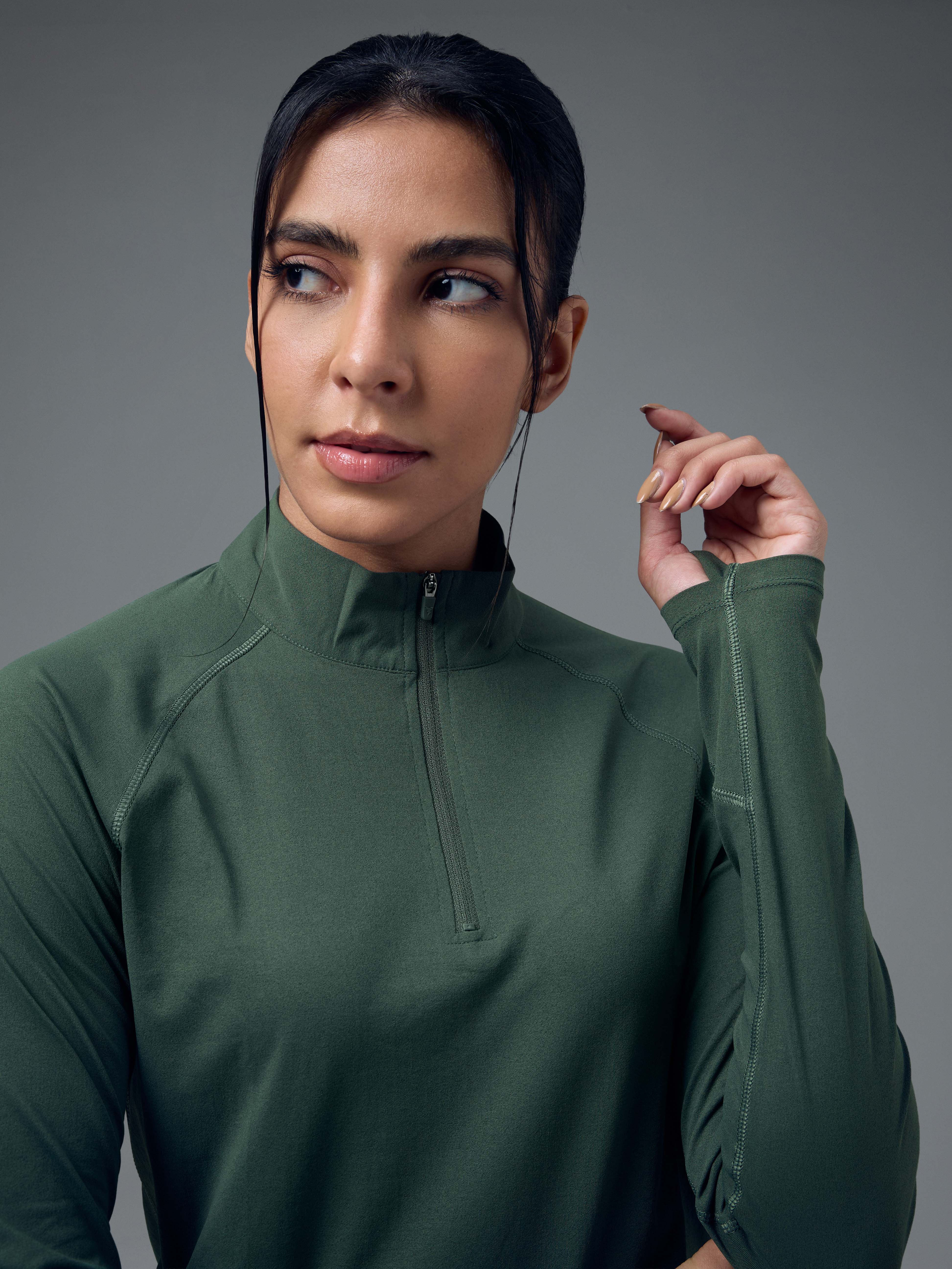 Women Slim Fit Mock Neck Thumbhole Sleeve Solid T-shirt with COTFLEX - Image 8