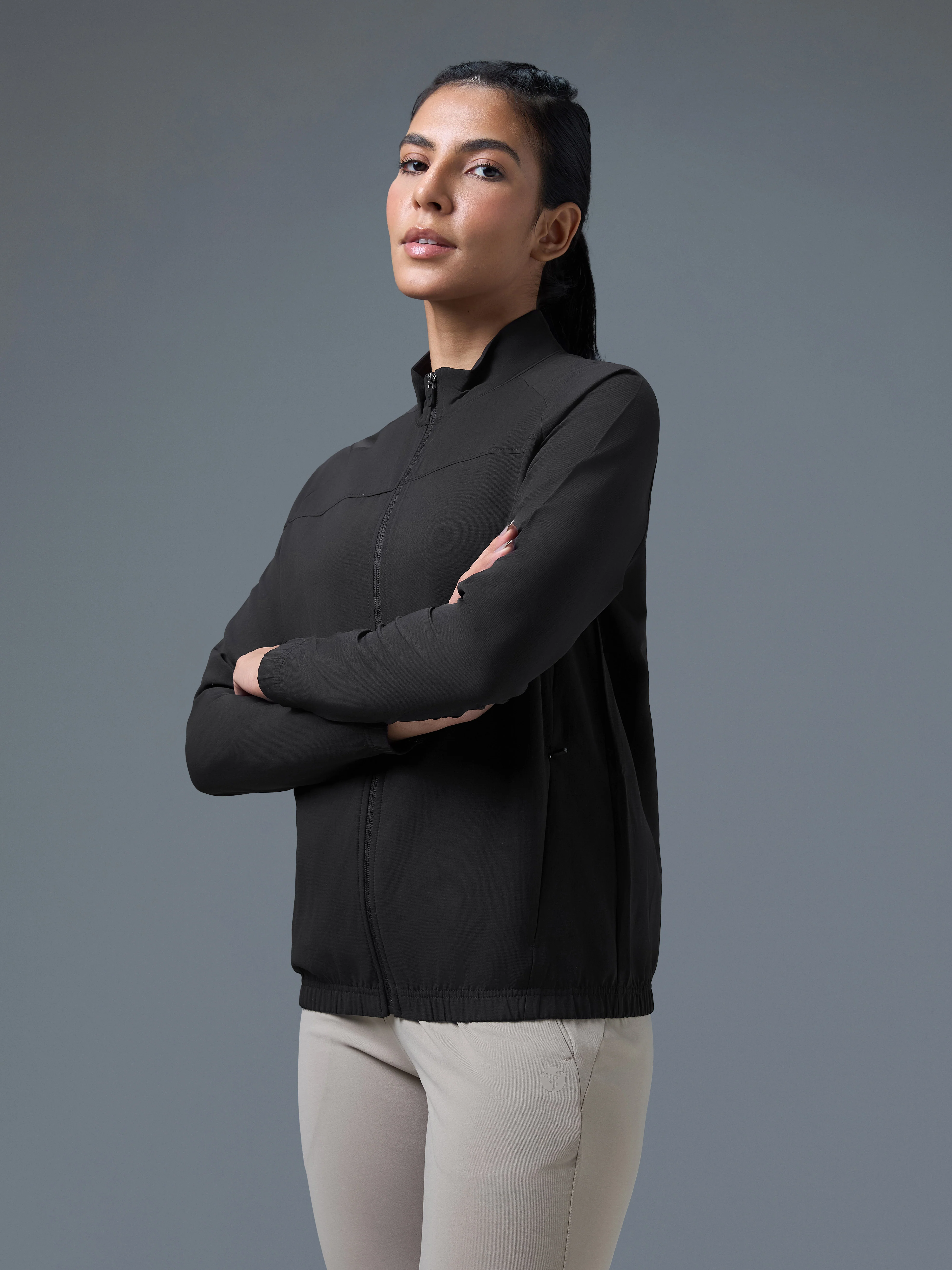 Women Solid Slim Fit Mock Neck Sports Jacket with TECHNOLITE - Image 3