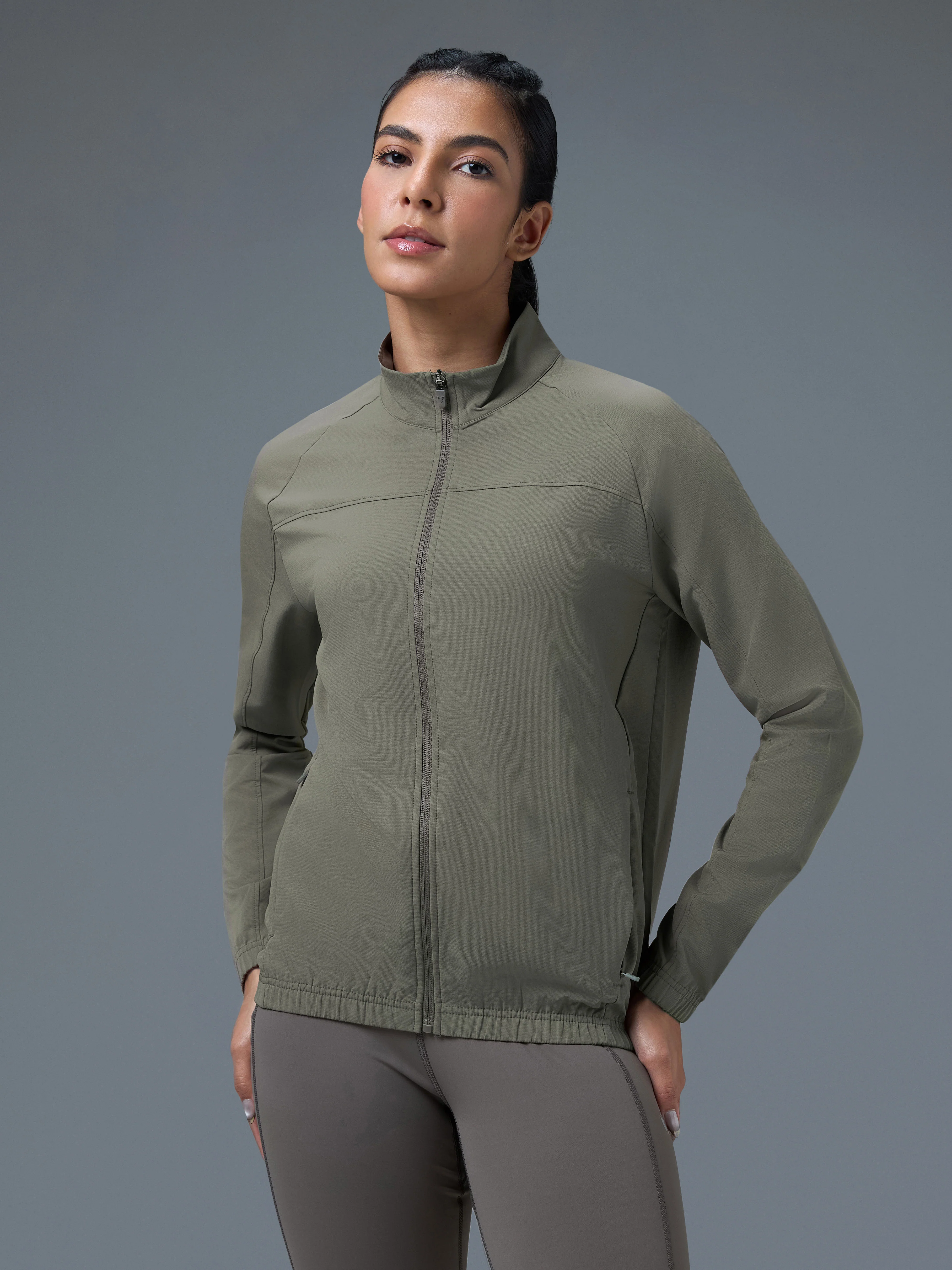 Women Solid Slim Fit Mock Neck Sports Jacket with TECHNOLITE