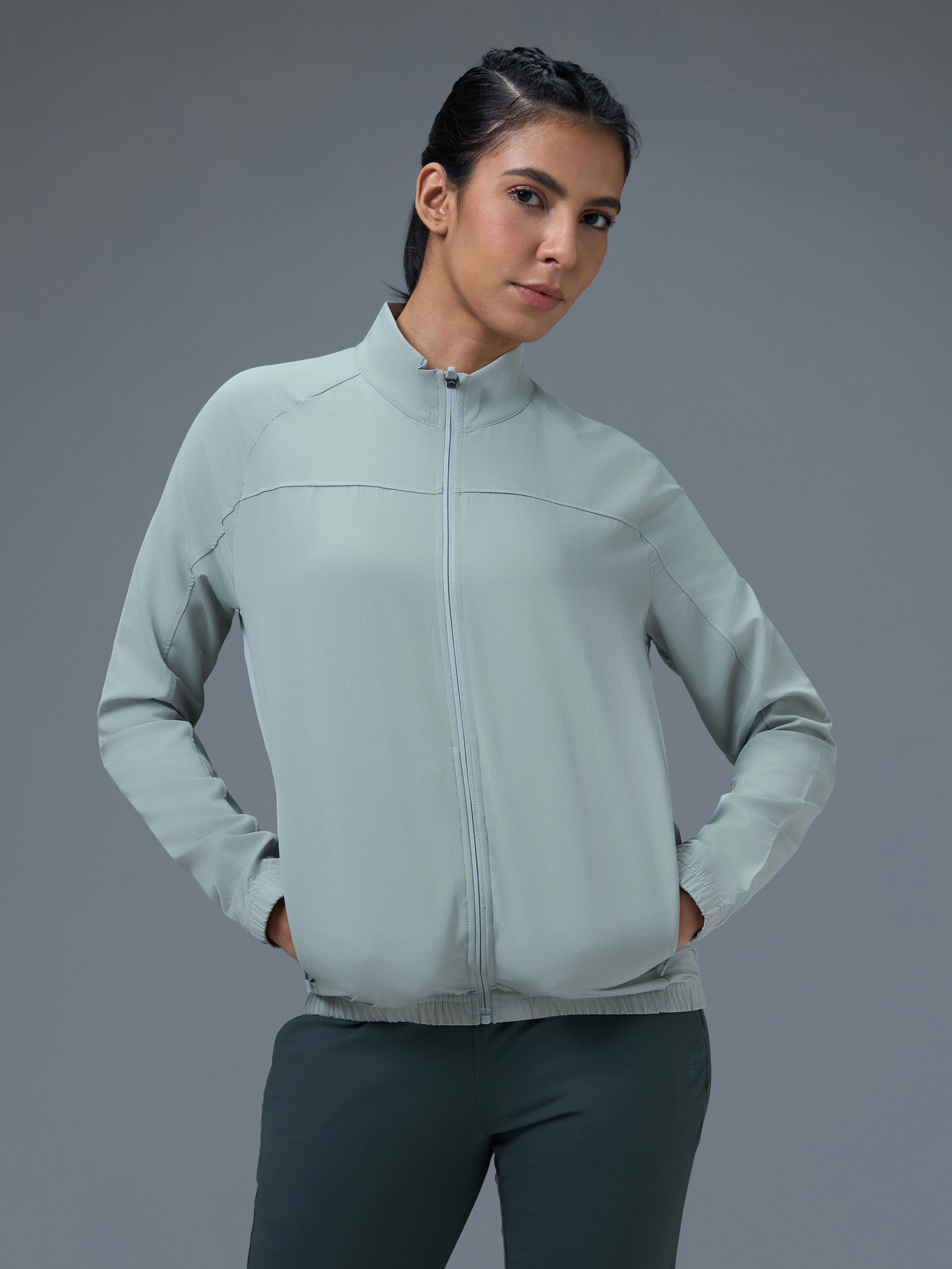 Women Solid Slim Fit Mock Neck Sports Jacket with TECHNOLITE - Image 2